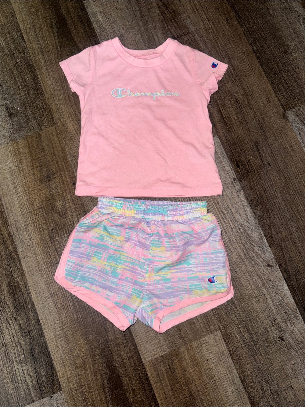 Champion Pastel Pink Logo Tee with Multicolor Pastel Shorts